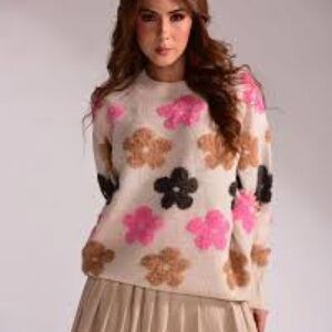Bibi cream color embroidered floral knit sweater long sleeve size X-Large